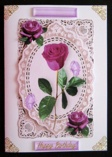 Purple and Peach Rose Toppers on Vintage Lace by Joan Prince