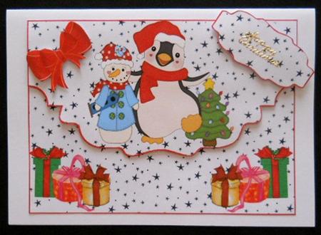 Penguin & Snowman, ,on a Scalloped Envelope by Joan Prince