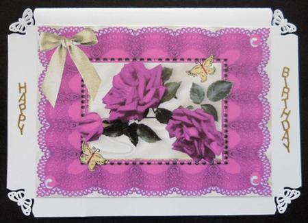 Pink Roses and Cream Bow on Vintage Lace A4 by Joan Prince