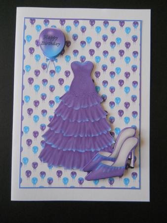 Purple Party Dress Quick Card Front with Decoupage by Joan Prince