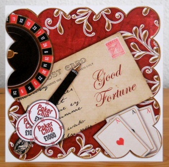Red Roulette Good Fortune 8in Scallop Decoupage Topper by Joan Prince