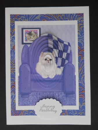 White Persian Kitten Cat on Blue Armchair Oval Pyramid Card by Joan Prince