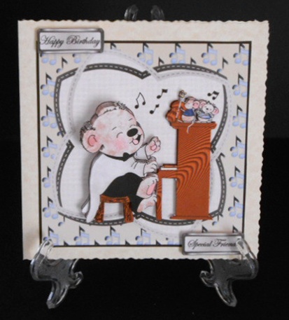 Piano Bear Card Front with Decoupage by Joan Prince