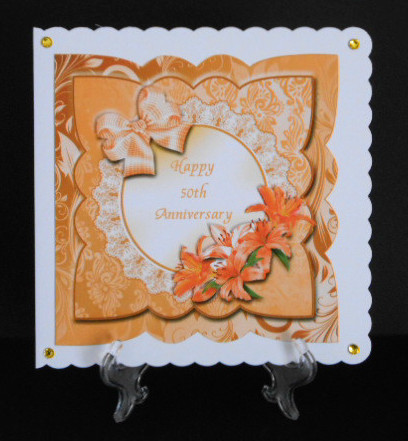 Golden Wedding Anniversary Card Front with Lilies and Bow by Joan Prince