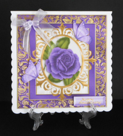 Purple Rose in Ornate Frame with Butterflies 8x8 by Joan Prince