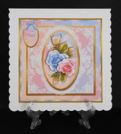 Roses and Lace in Pink Blue and Lemon Card Front by Joan Prince