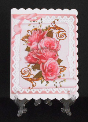 A5 Beautiful Pink Roses on Lace and a Scroll by Joan Prince