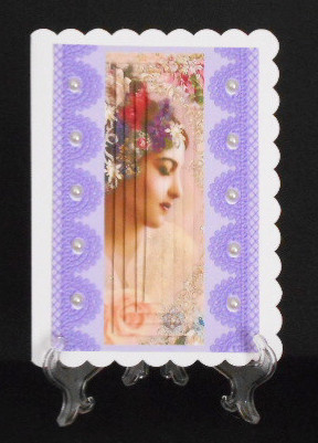 Pretty Vintage Lady on Lilac Lace with Pearls Pyramids by Joan Prince