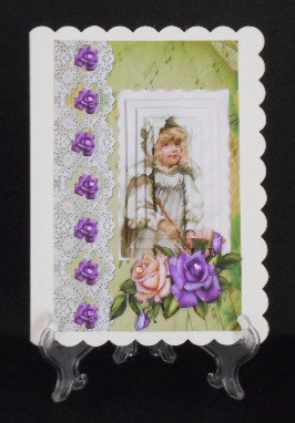 Pretty Vintage Girl in the Rain on Lace, Roses Pyramids by Joan Prince