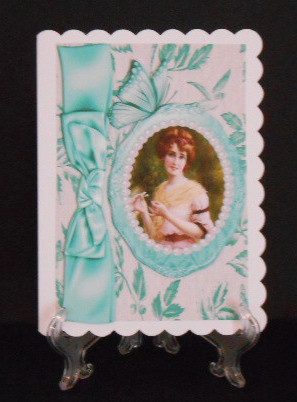 Pretty Vintage Lady in Oval & Pearls Frame, & Big Bow by Joan Prince