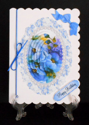 Blue/lilac Flowers with Pearls & Lace Oval Pyramids by Joan Prince