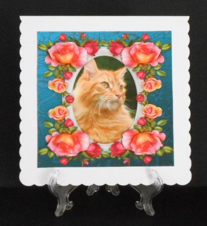 8 x 8 Charlie Ginger Cat & Roses Card Topper & Decoupage by Joan Prince