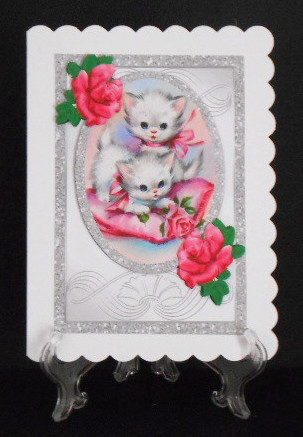 Kittens Playing, with Pink Roses, in Sparkle Frame by Joan Prince