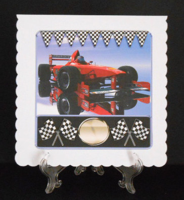 Red Racing Card on Reflective Background and Base by Joan Prince