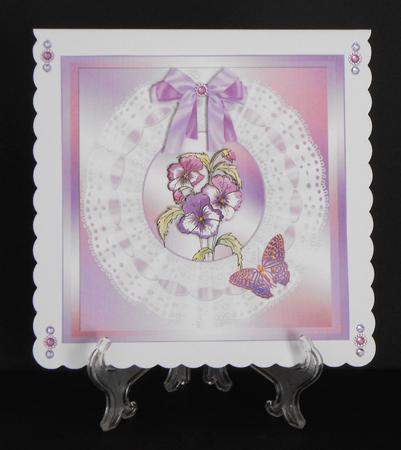 Doily Card with Pansies and Butterflies by Joan Prince