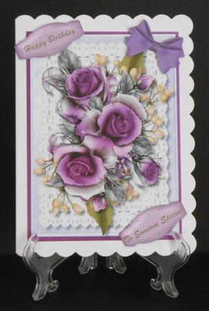Lovely Deep Violet Roses on Dragonsfly Lace  by Joan Prince