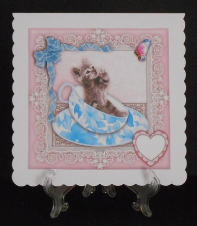 Teacup Kitten & Butterfly in Pink Frame - 8" x 8" Topper by Joan Prince