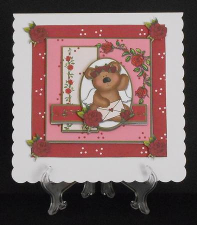 Square Oval Sketch Card - Red Rose Bear by Joan Prince