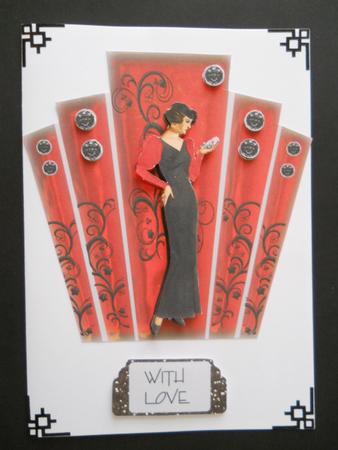 Art Deco Panel in Red Glass with Lady by Joan Prince