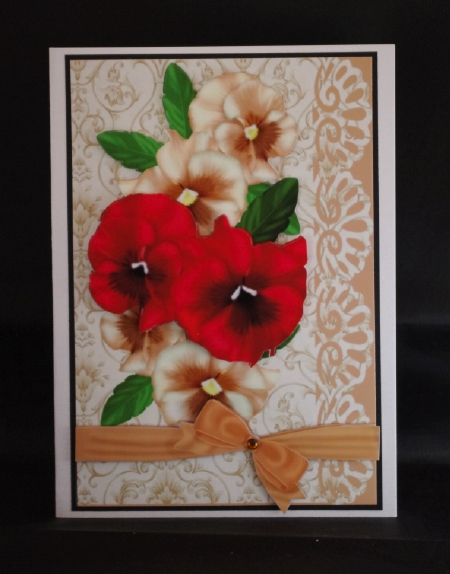 Deep Red and Cream Pansies Shell Edged Card by Lady Rosemary Warboys