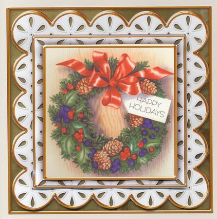 Christmas Wreath Em Anglaise Scallop Square 3D Card Kit by Lady Rosemary Warboys