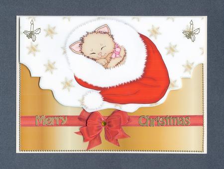 Little Kitty in Red Santa Hat , on Scalloped Envelope by Lady Rosemary Warboys