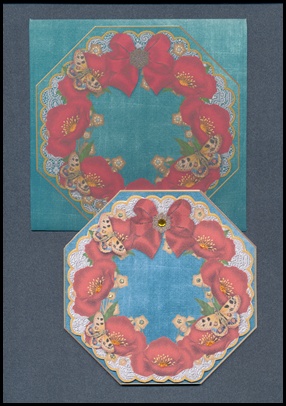 Red Poppy Teal Lace Octagon Decoupage Card Kit by Lady Rosemary Warboys