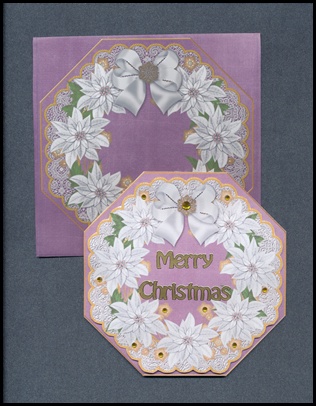 White Poinsettia Purple Lace Octagon Decoupage Card Kit by Lady Rosemary Warboys