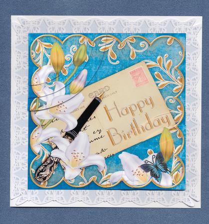 White Lily Teal Happy Birthday Pcard 6in Duo Corner Stacker by Lady Rosemary Warboys