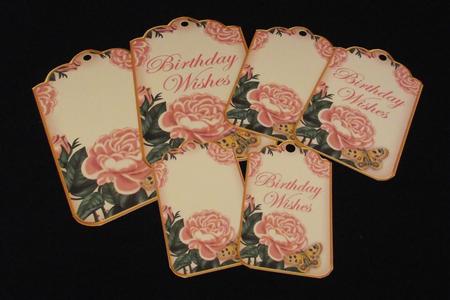 Pink Roses Birthday Wishes Sentiment Ink Saver Tag Sheet by Lady Rosemary Warboys