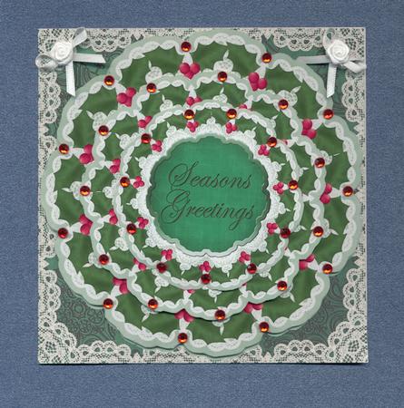 Green Holly Seasons Greetings 3D Doily Card Mini Kit by Lady Rosemary Warboys