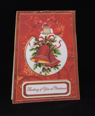 Red Bells Thinking 5.5inch Bauble Decoupage Card by Lady Rosemary Warboys