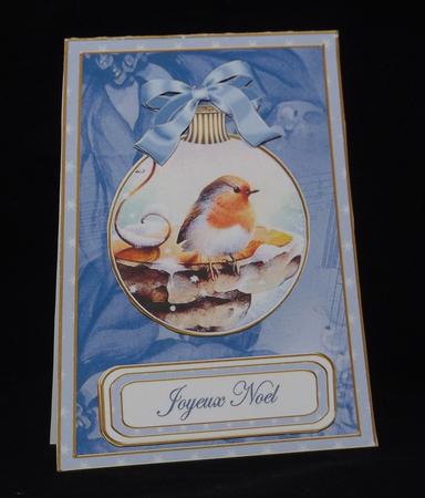 Blue Robin Joyeux Noel 5.5inch Bauble Decoupage Card by Lady Rosemary Warboys