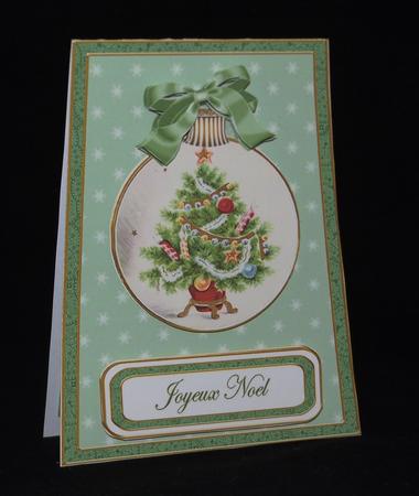 Green Tree Joyeux Noel 5.5inch Bauble Decoupage Card by Lady Rosemary Warboys