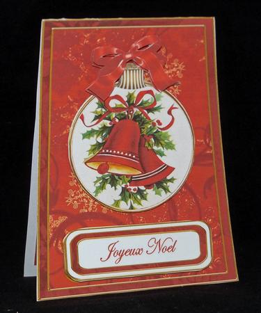 Red Bells Joyeux Noel 5.5inch Bauble Decoupage Card by Lady Rosemary Warboys