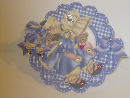 Cute Bonnet Girl in Purple Scalloped Rocker Card with Bows by JOANNA HOGGER