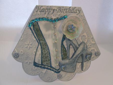 Satin Blue/white Basque with White Roses on Rocker Card by JOANNA HOGGER