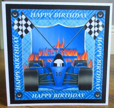 3 Blue birthday racing car card front/toppers by Johanna Lambert