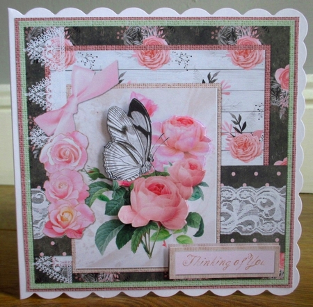 6 x 6 Card Front Peach Peonies/Butterfly with Toppers and Sentiments, Peach/Black by Johanna Lambert