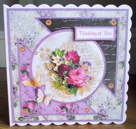 6 x 6 Card Front Shabby Lilac/Purple/Gold Floral with Toppers and Sentiments by Johanna Lambert