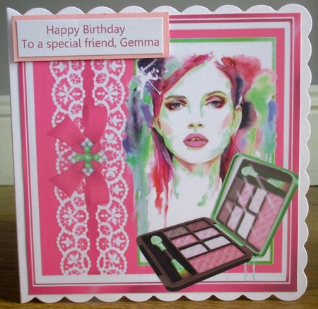 Art  work pretty lady in pink shades with lace/ makeup 8x8 by Johanna Lambert