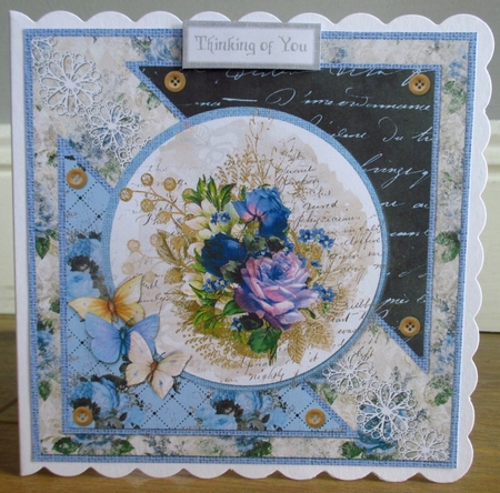 8 x 8 Card Front Shabby Lilac/Navy/Gold Floral Bouquet with Sentiments by Johanna Lambert