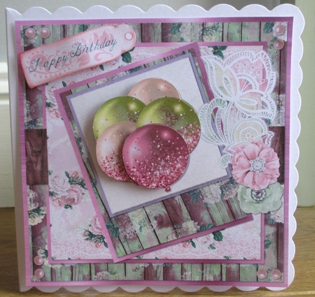 6 x 6 Card Front Shabby Violet/Green/Champagne Balloons with Toppers and Sentiments by Johanna Lambert
