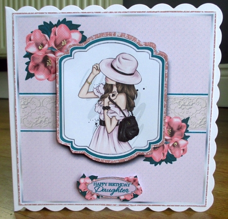7x7 Lady in Pink Hat Card Front with Topper & Sentiments by Johanna Lambert