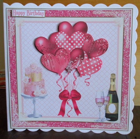 Pink Balloons, Champagne & Cake 7x7ins Decoupage glitter frame Topper 4 by Johanna Lambert