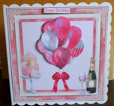 Pink Balloons, Champagne & Cake 7x7ins Decoupage diamond frame Topper 6 by Johanna Lambert