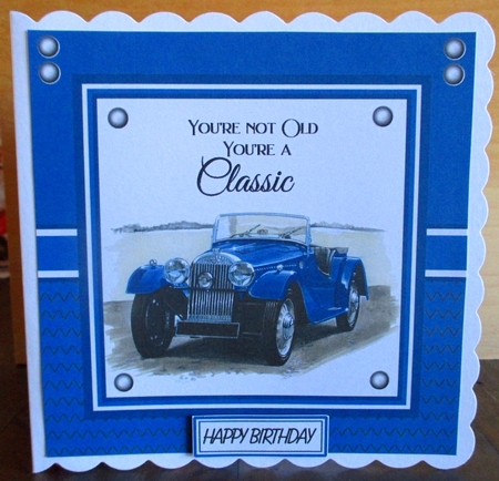 8x8 Blue Classic Car Card Front with sentiments  by Johanna Lambert