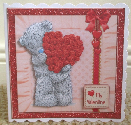300dpi 6x6 in topper & decoupage- Valentine - Bear with heart shape roses - Female by Johanna Lambert