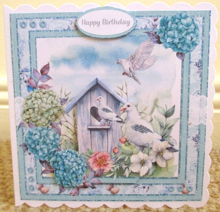 Spring Garden 13 Doves & Hydrangeas 8 x 8: Card Front with Sentiment Toppers, Aqua/Green by Johanna Lambert