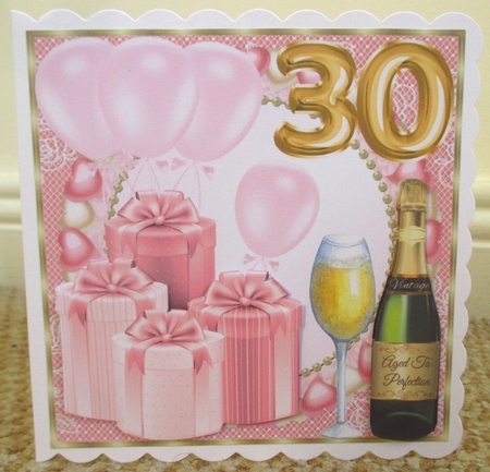 Pink age 30 balloons and presents card front by Johanna Lambert